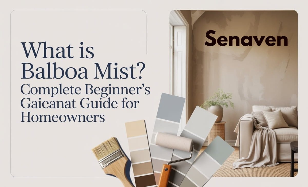 Living room painted in Balboa Mist by Benjamin Moore, showing a soft greige color with natural light