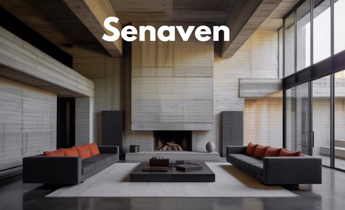 Brutalist interior design living room with concrete walls, geometric furniture, and modern minimalist déco