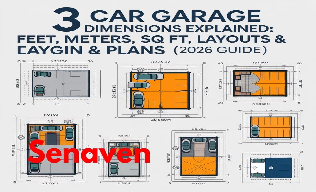 3 car garage dimensions layout showing standard sizes in feet, meters, and square feet with parking space planning diagram