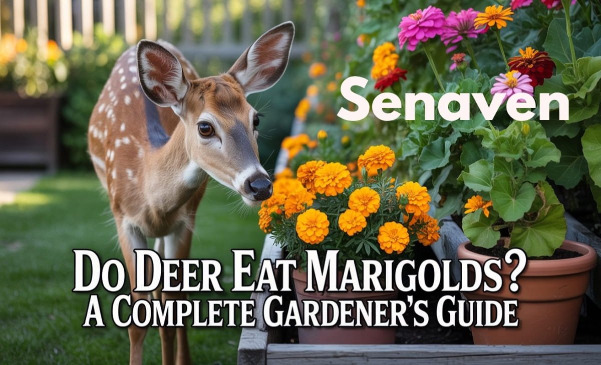 deer eating marigold flowers in home garden