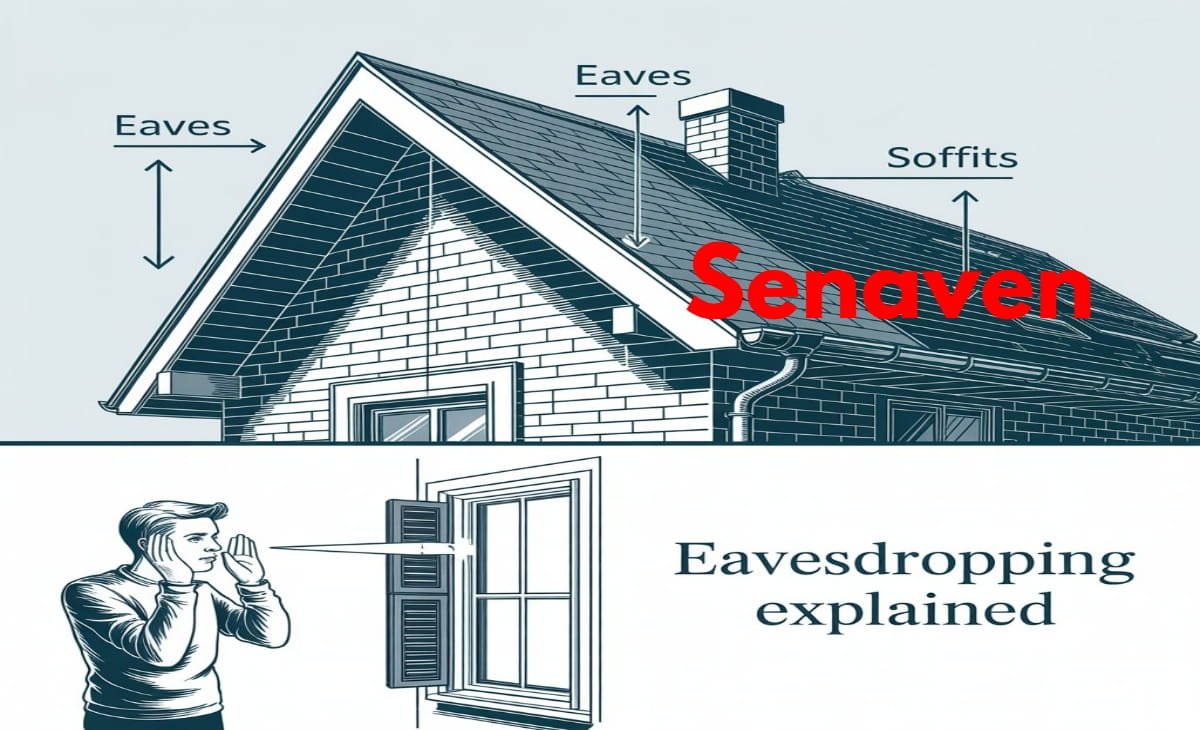 House roof showing eaves and soffits structure with rainwater drainage system illustration