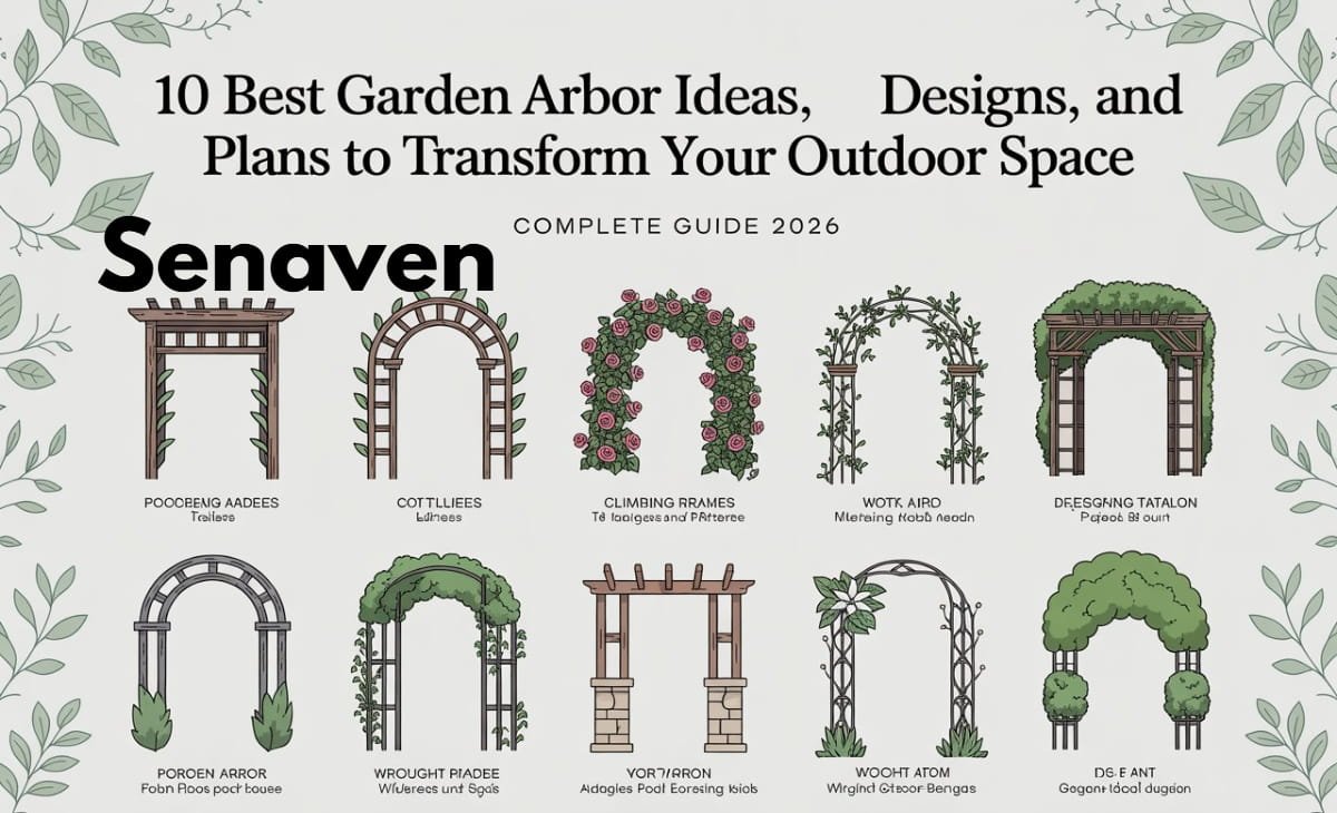 Beautiful wooden garden arbor with climbing plants in a landscaped backyard garden