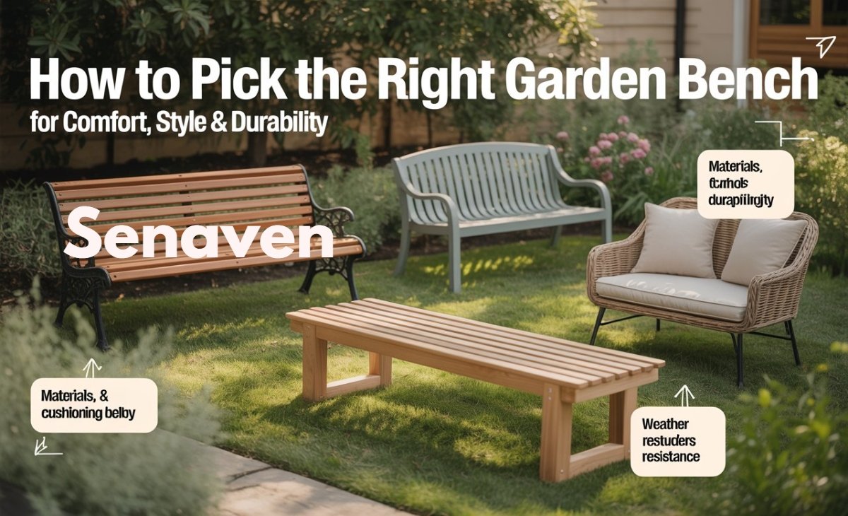 Classic wooden garden bench placed in a lush green backyard for relaxing outdoors