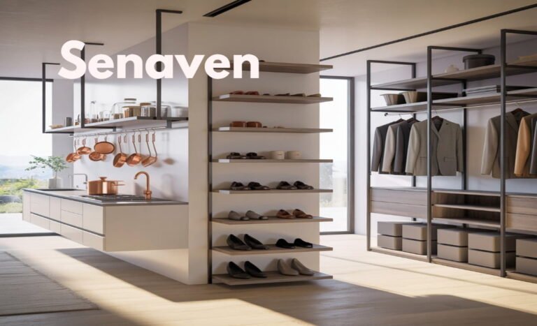 Modern home interior showing smart storage racks for shoes, kitchen, and clothes in a clean organized space