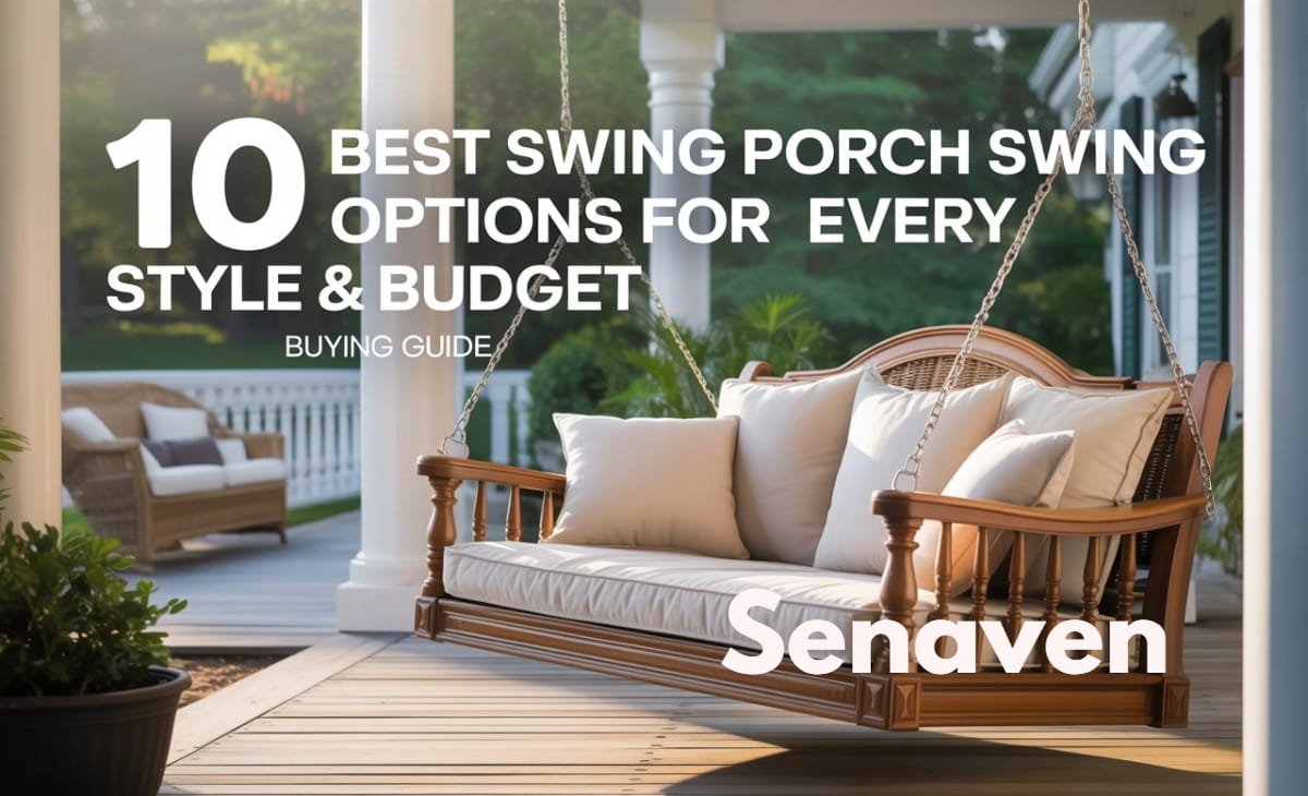 A stylish wooden porch swing with cushions on a sunny backyard porch