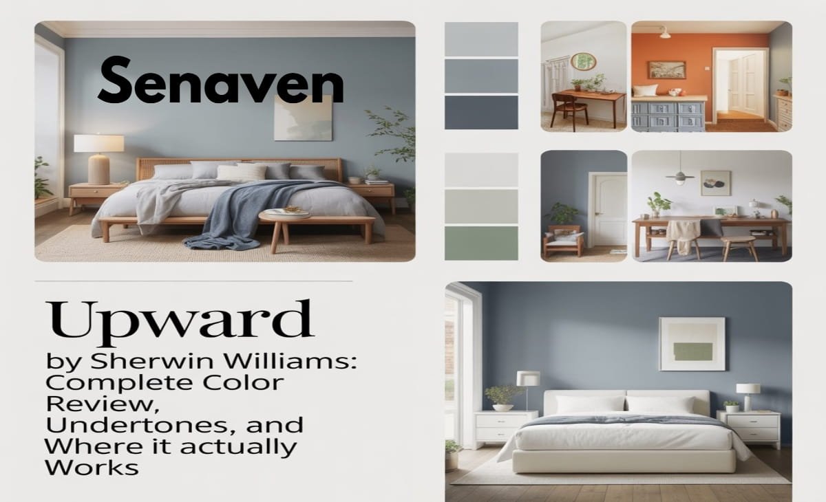 Upward Sherwin Williams soft blue gray paint color on bedroom walls with natural lighting and modern home decor
