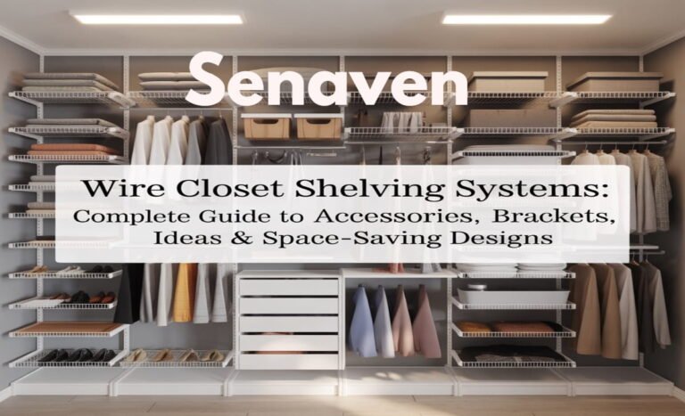 Wire closet shelving system installed in a modern bedroom closet with hanging clothes and shelves