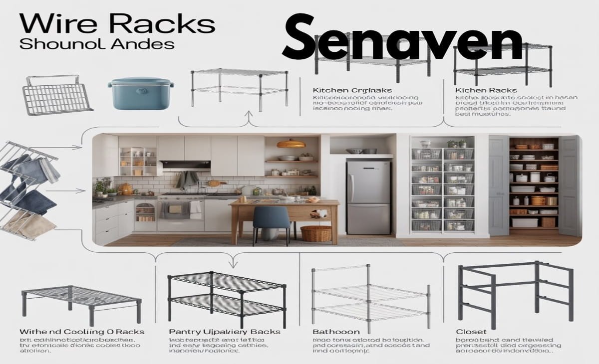 Wire rack used for kitchen storage, baking cooling, and home organization in a modern house