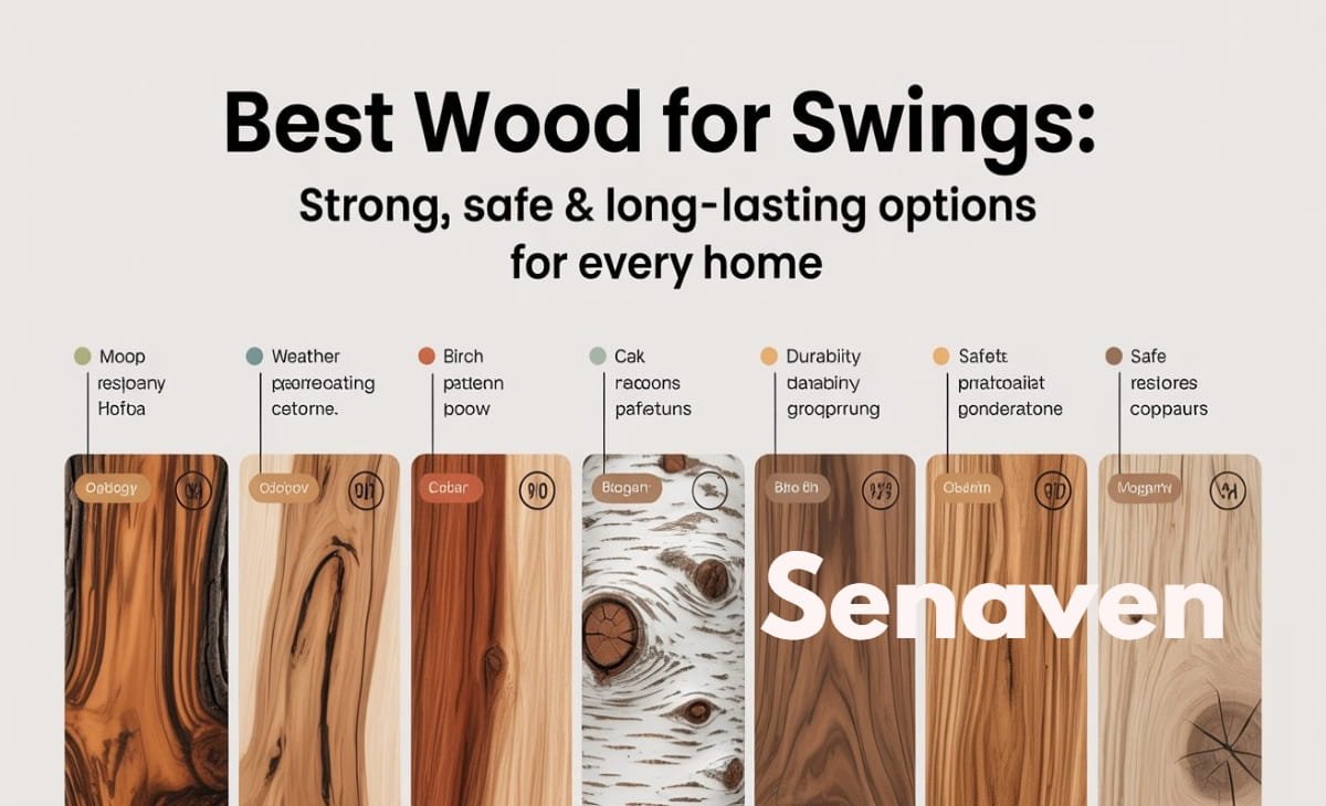 Wooden swing made with durable cedar wood installed in a backyard garden