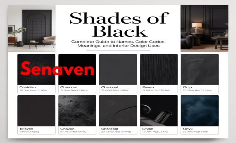 Different shades of black color chart with names and hex codes used in modern home interior design